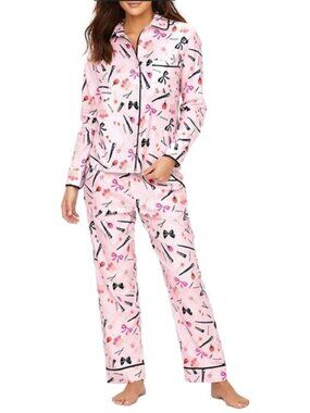 Kate Spade New York 2 Piece Notch Collar Pajama Set Pink Makeup Print Small